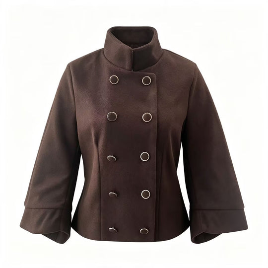 Damen Kurzer Doppelreihiger Wollmix-Mantel mit Stehkragen, Glockenärmeln und Metallknöpfen Nord Taschen