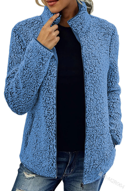 Damen kuschelige Teddy-Fleecejacke mit Stehkragen und Reißverschluss Nord Taschen