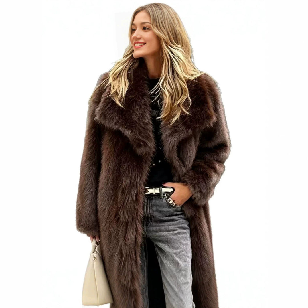 Damen Langer Hochflor‑Kunstpelzmantel mit übergroßem Reverskragen und gerader Silhouette Nord Taschen
