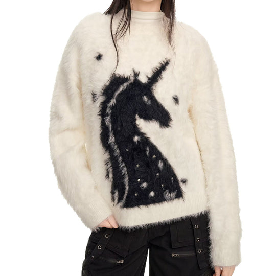 Damen Gemütlicher Grobstrickpullover mit Einhornmotiv Nord Taschen