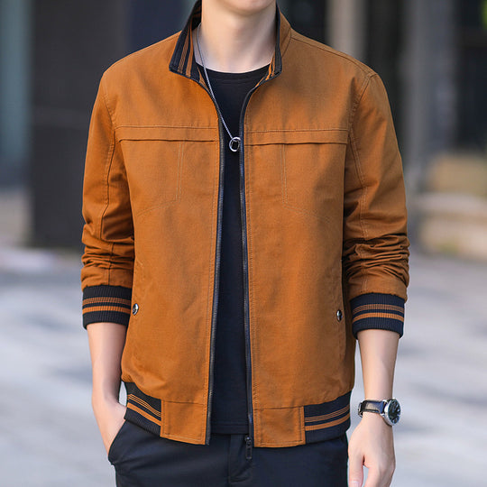 Herren moderner Canvas-Bomberjacke im Worker‑Stil mit gestreiften Rippbündchen und Reißverschluss Nord Taschen