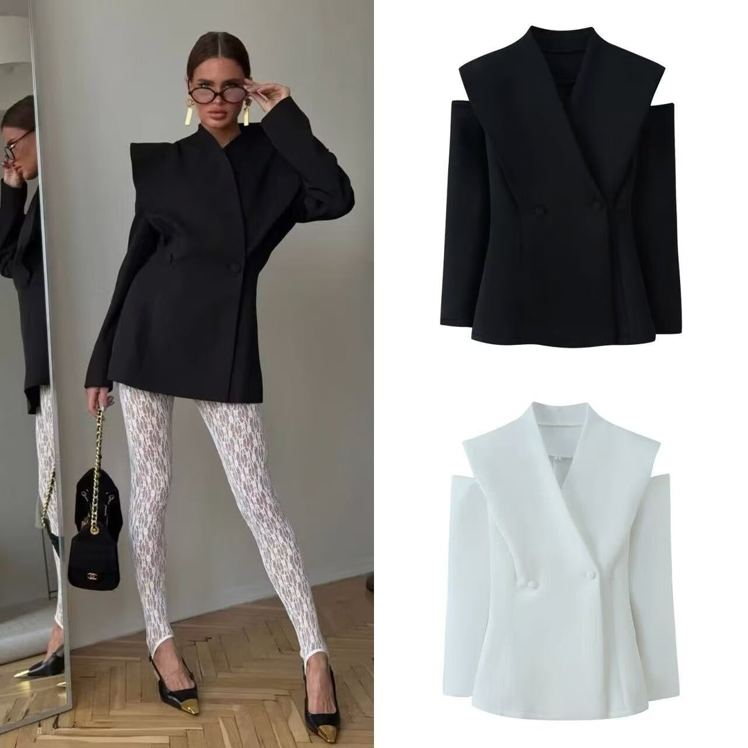 Damen 600+ ärmelloser taillierter Blazer mit weitem Schalkragen und doppelreihiger Knopfleiste Nord Taschen