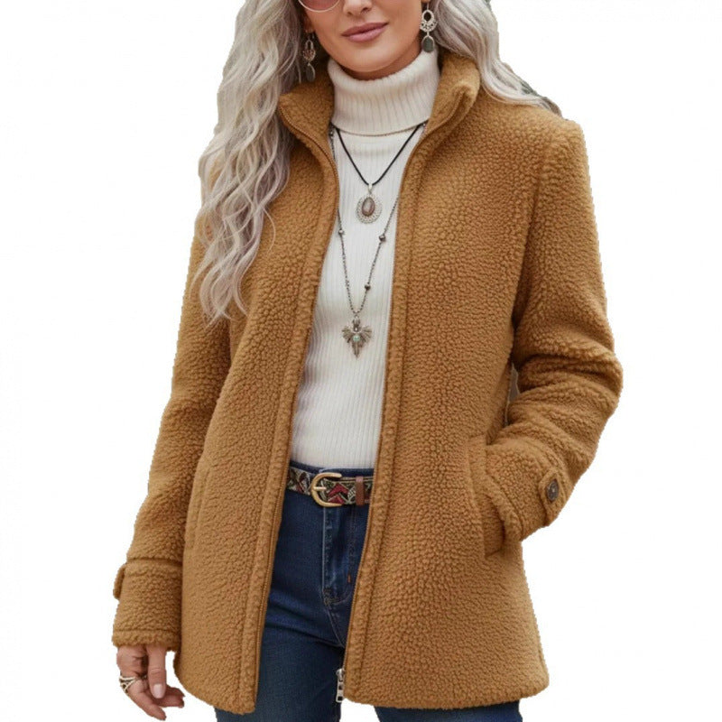 Damen Kuscheliger Teddy-Cardigan-Mantel mit Stehkragen, verdecktem Reißverschluss und Zierknopfmanschetten Nord Taschen