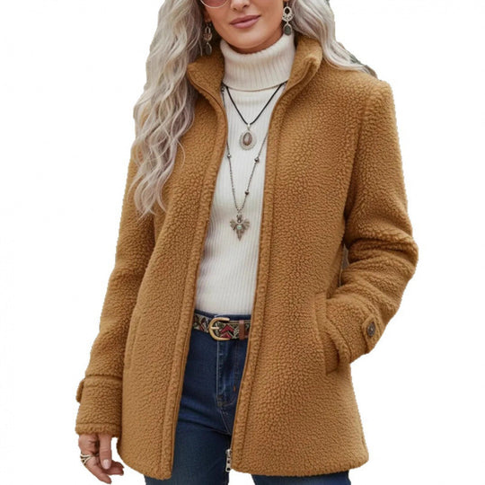 Damen Kuscheliger Teddy-Cardigan-Mantel mit Stehkragen, verdecktem Reißverschluss und Zierknopfmanschetten Nord Taschen