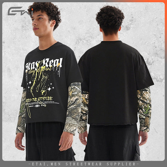 Herren Lagen-Langarm-T-Shirt mit Camouflage-Innensärmeln und Gothic-Print Nord Taschen