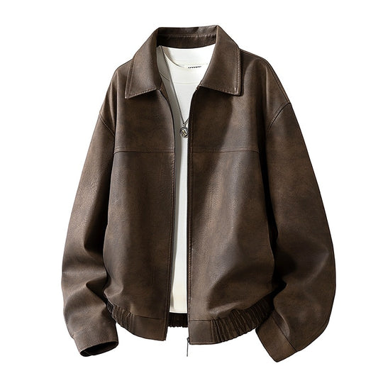 Herren Oversize Utility-Bomberjacke aus Kunstleder mit geripptem Saum und Hemdkragen Nord Taschen