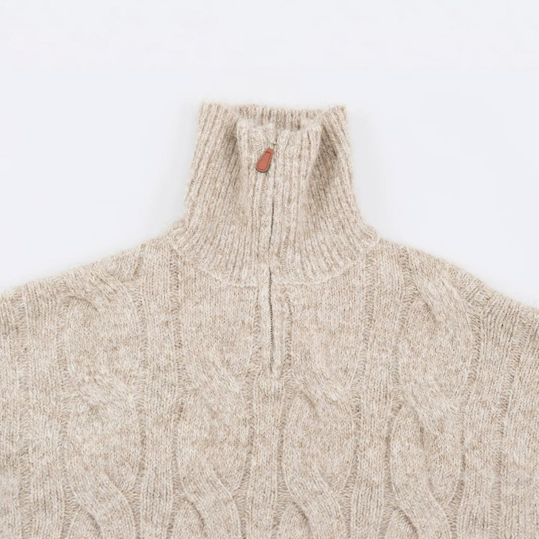 Damen Grobgestrickter Longpullover mit Zopfmuster und halbhohem Reißverschlusskragen Nord Taschen