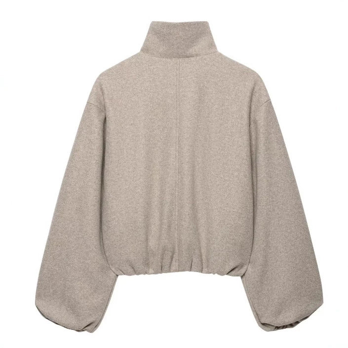 Damen Kurz geschnittene Wollmix-Jacke mit Stehkragen, Reißverschluss und Ballonärmeln Nord Taschen