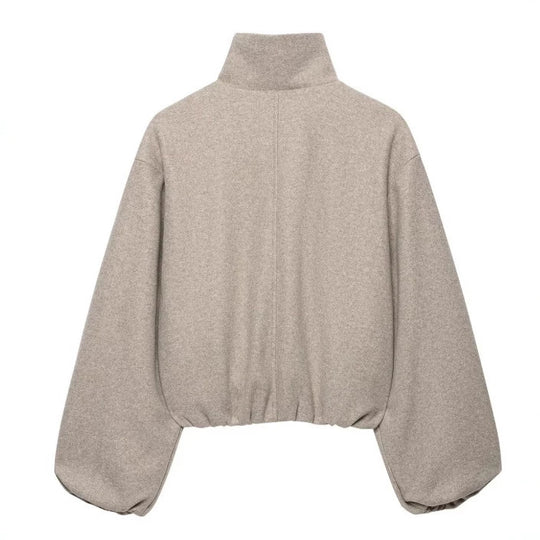 Damen Kurz geschnittene Wollmix-Jacke mit Stehkragen, Reißverschluss und Ballonärmeln Nord Taschen