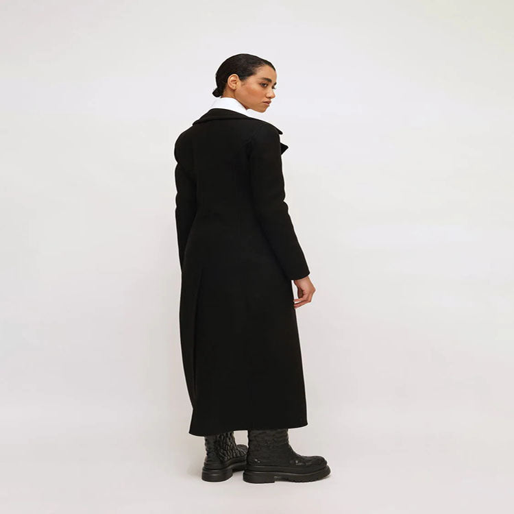 Damen Eleganter bodenlanger Wollmix‑Longcoat im Clean‑Cut Doppelreiher mit strukturierter Schulterpartie Nord Taschen