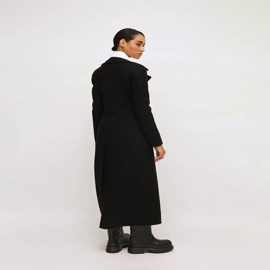 Damen Eleganter bodenlanger Wollmix‑Longcoat im Clean‑Cut Doppelreiher mit strukturierter Schulterpartie Nord Taschen