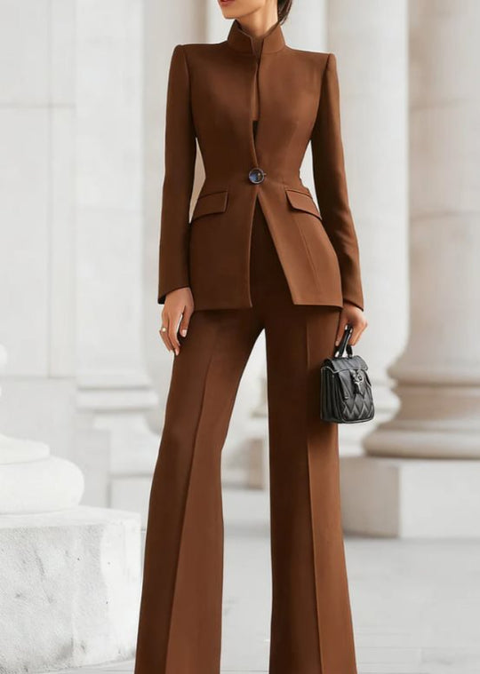 Damen Taillierter Blazer mit Stehkragen und High‑Waist ausgestellte Hose Nord Taschen