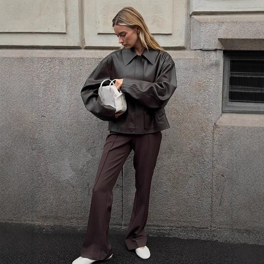 Damen Cropped Boxy Jacke aus Lederimitat mit übergroßem Kragen und verdeckter Reißverschlussleiste Nord Taschen