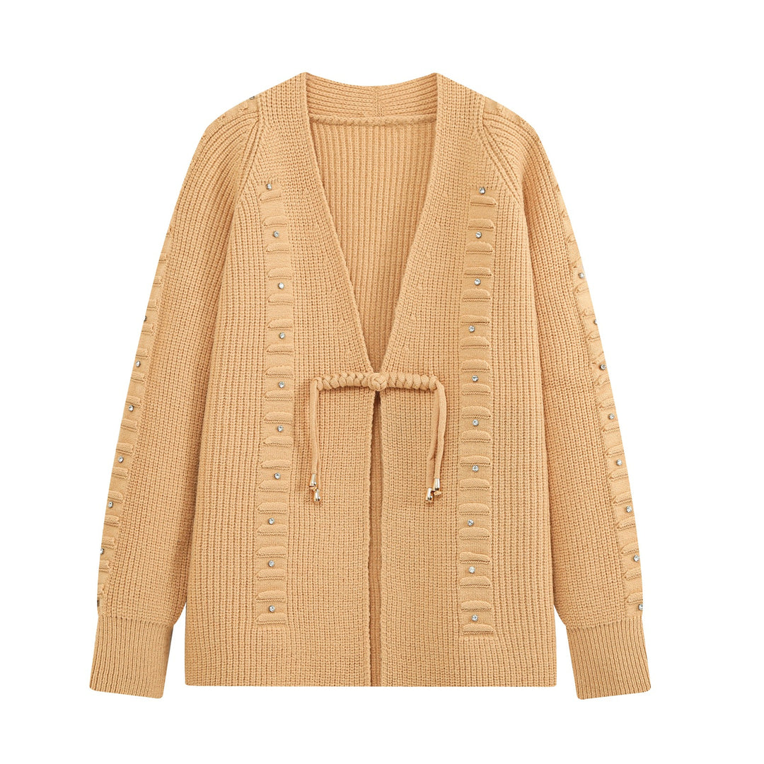 Damen Grobstrick-Cardigan mit Tunnelzug und Strassapplikation Nord Taschen