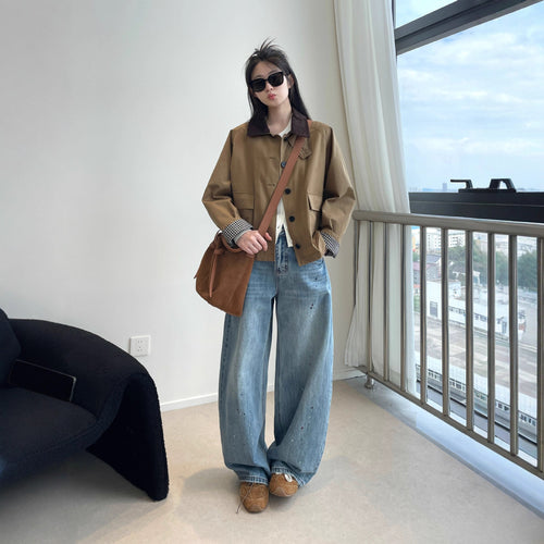 Damen Kurzjacke im Worker-Stil mit Cordkragen und aufgesetzten Pattentaschen Nord Taschen