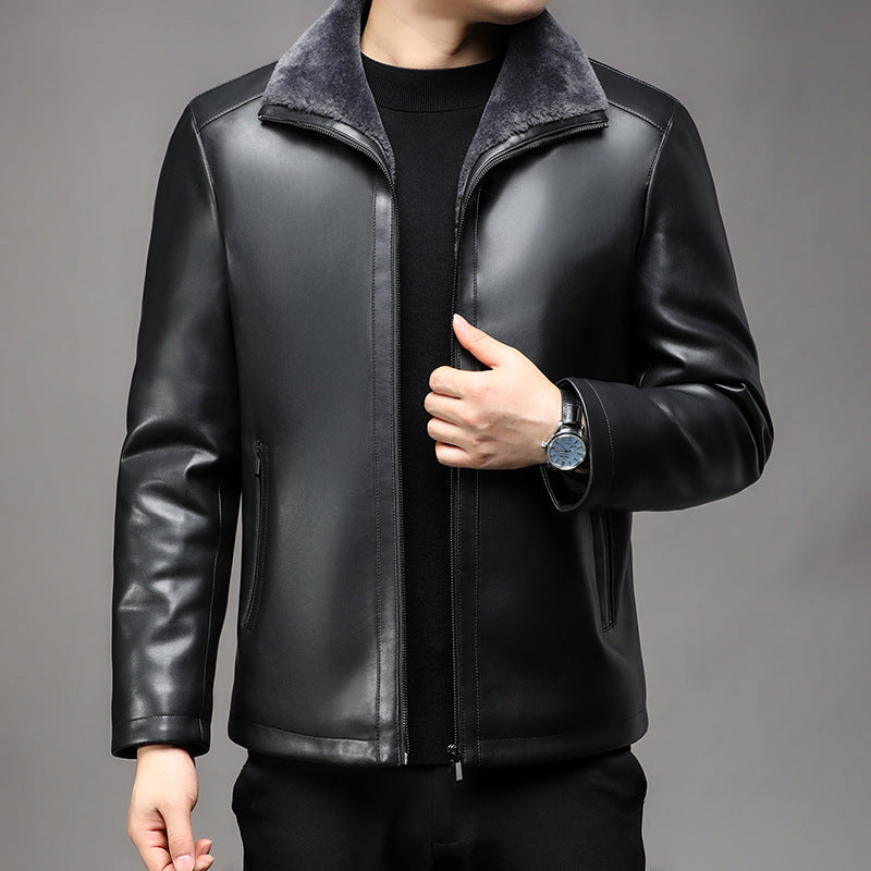 Herren Lederjacke mit wärmender Lammfell-Innenfütterung und Stehkragen Nord Taschen