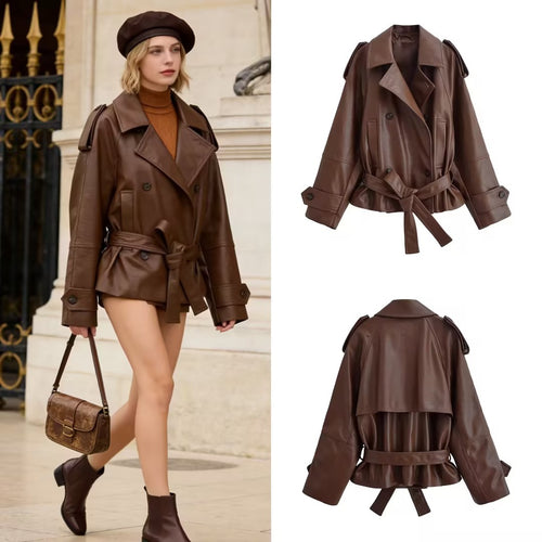 Damen kurze Kunstleder-Trenchjacke mit Taillengürtel und Schulterpatten Nord Taschen