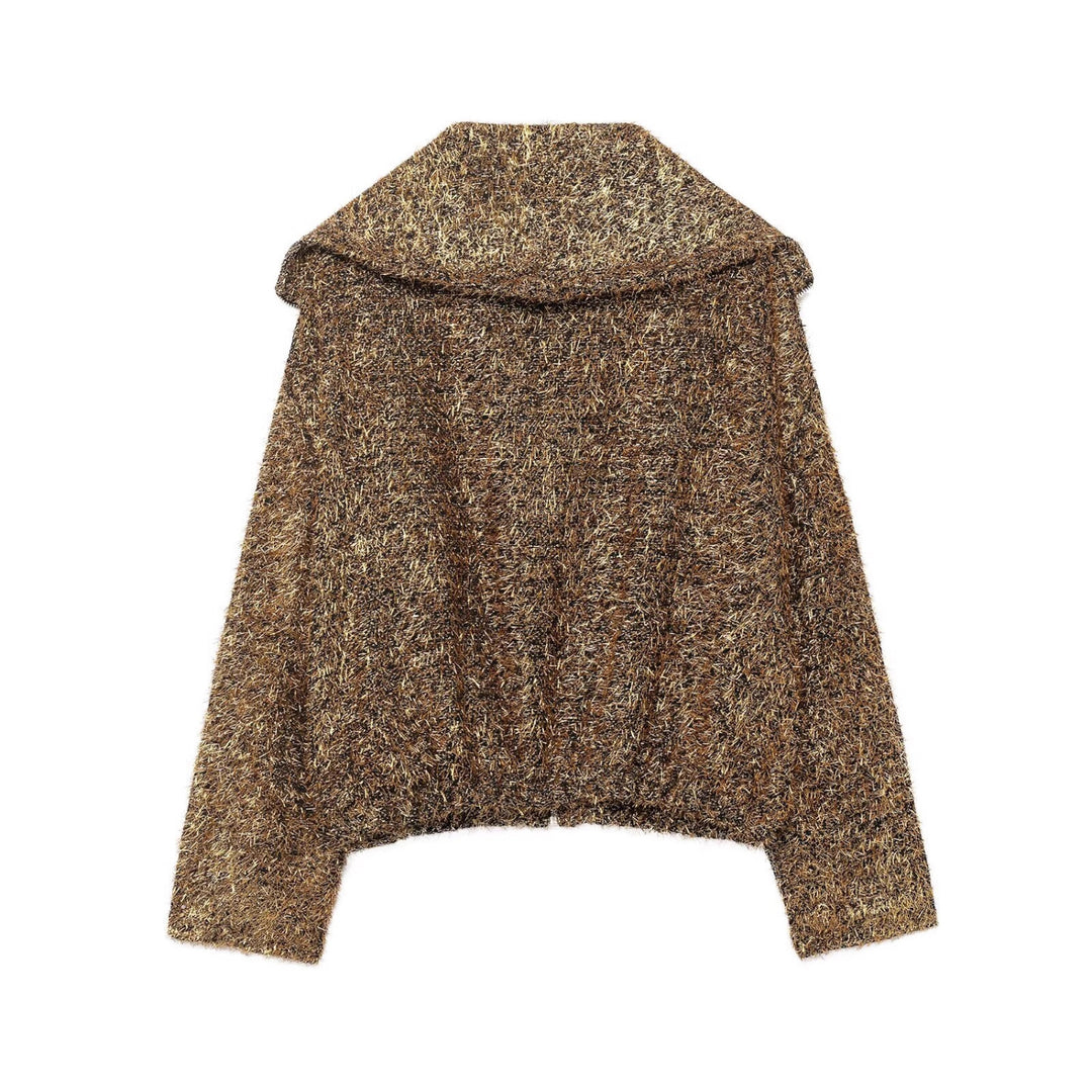 Damen Glitzernde Bouclé-Zipjacke mit weitem Kragen und cropped Boxy‑Schnitt Nord Taschen