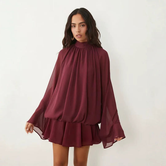 Damen Chiffon-Minikleid mit geraffter Blusentunika, Stehkragen und Volantrock Nord Taschen