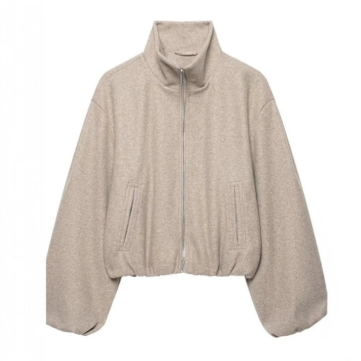Damen Kurz geschnittene Wollmix-Jacke mit Stehkragen, Reißverschluss und Ballonärmeln Nord Taschen
