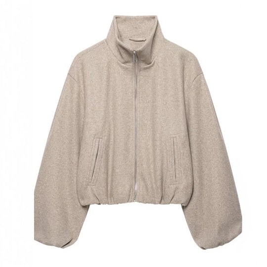 Damen Kurz geschnittene Wollmix-Jacke mit Stehkragen, Reißverschluss und Ballonärmeln Nord Taschen