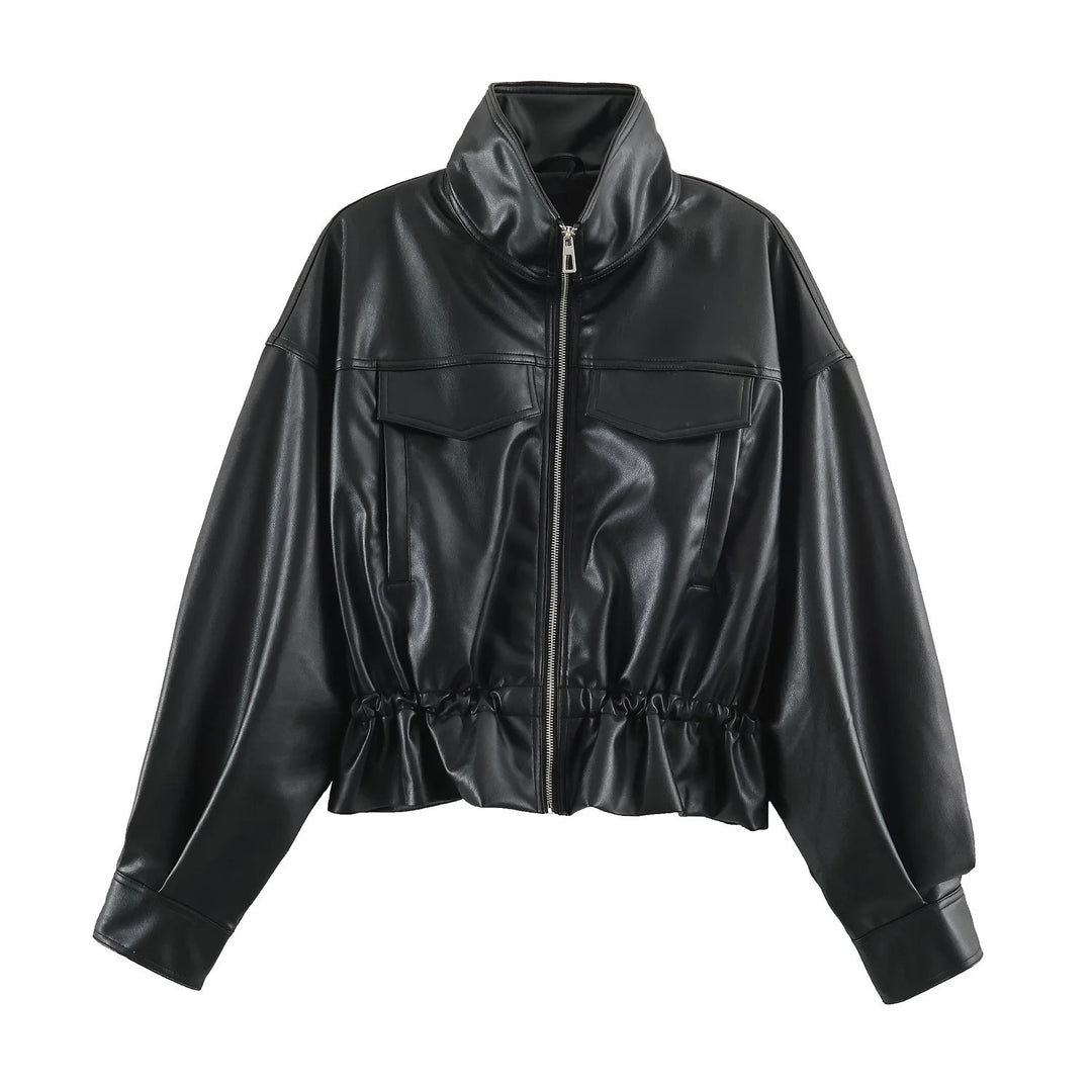 Damen Oversize Blousonjacke aus veganem Leder mit hohem Stehkragen und Kordelzugtaillierung Nord Taschen