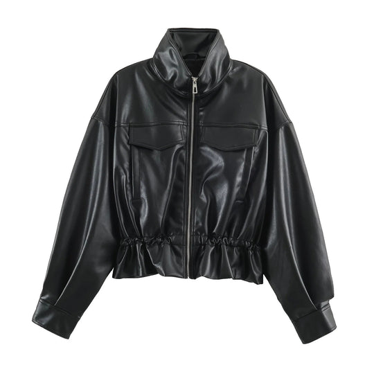 Damen Oversize Blousonjacke aus veganem Leder mit hohem Stehkragen und Kordelzugtaillierung Nord Taschen