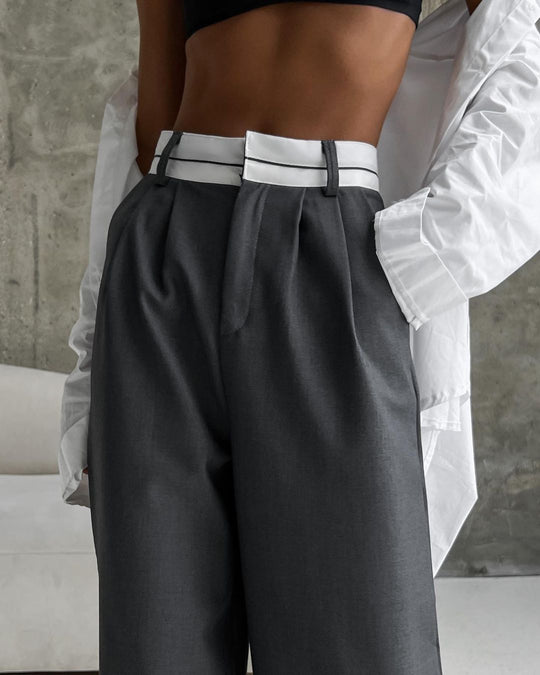 Damen Hochtaillierte weite Bundfaltenhose mit Kontrastbund Nord Taschen