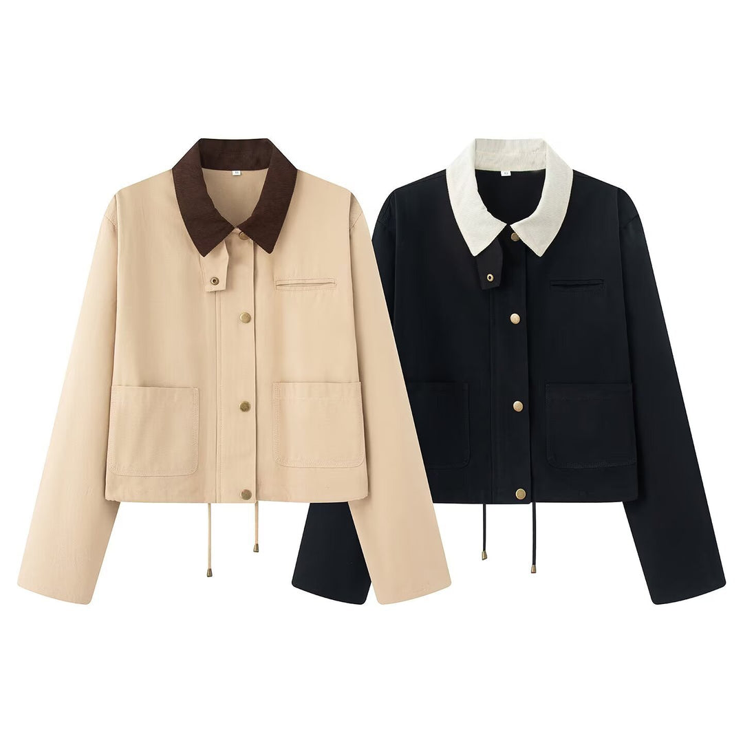 Damen Cropped Übergangsjacke im Workwear‑Look mit Cordkragen, Druckknopfleiste und Tunnelzug Nord Taschen