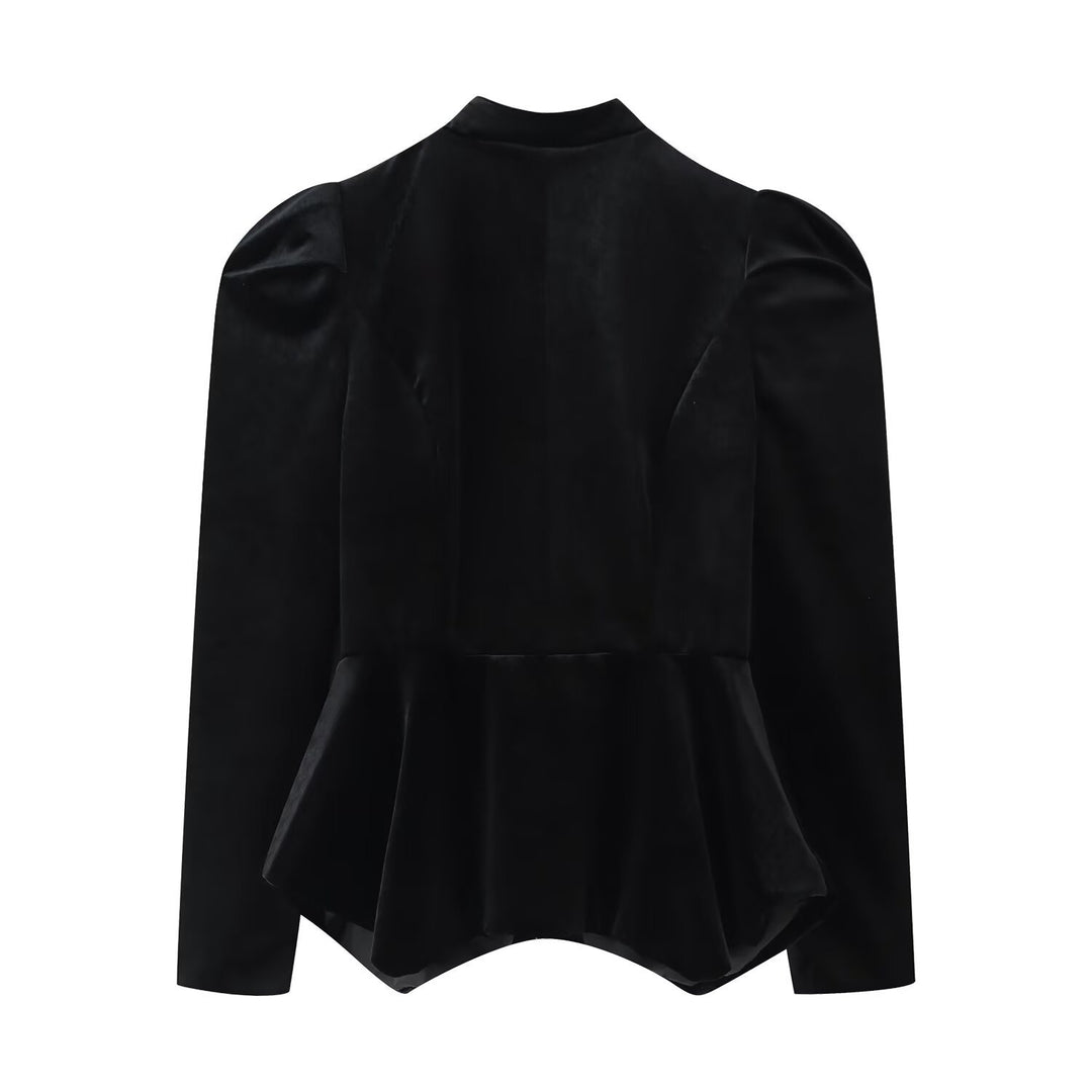 Damen Satinbluse mit Stehkragen, Puffärmeln und Peplum-Details Nord Taschen