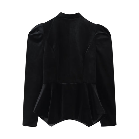 Damen Satinbluse mit Stehkragen, Puffärmeln und Peplum-Details Nord Taschen