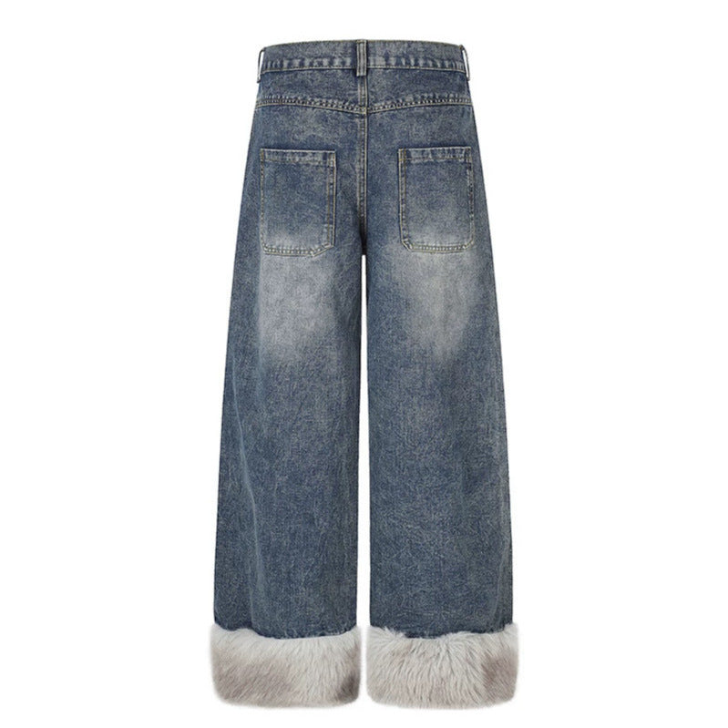 Damen weite hochgeschnittene Denim-Palazzohose mit Karopatchtasche und Kunstfellbesatz am Saum Nord Taschen