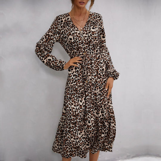 Damen Midikleid aus fließendem Viskose-Mix mit Leopardenmuster, V-Ausschnitt, Bindegürtel und Stufenrock Nord Taschen