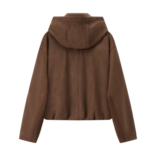 Damen Kurzjacke im Veloursleder‑Look mit Kapuze, Tunnelzug und Reißverschluss Nord Taschen