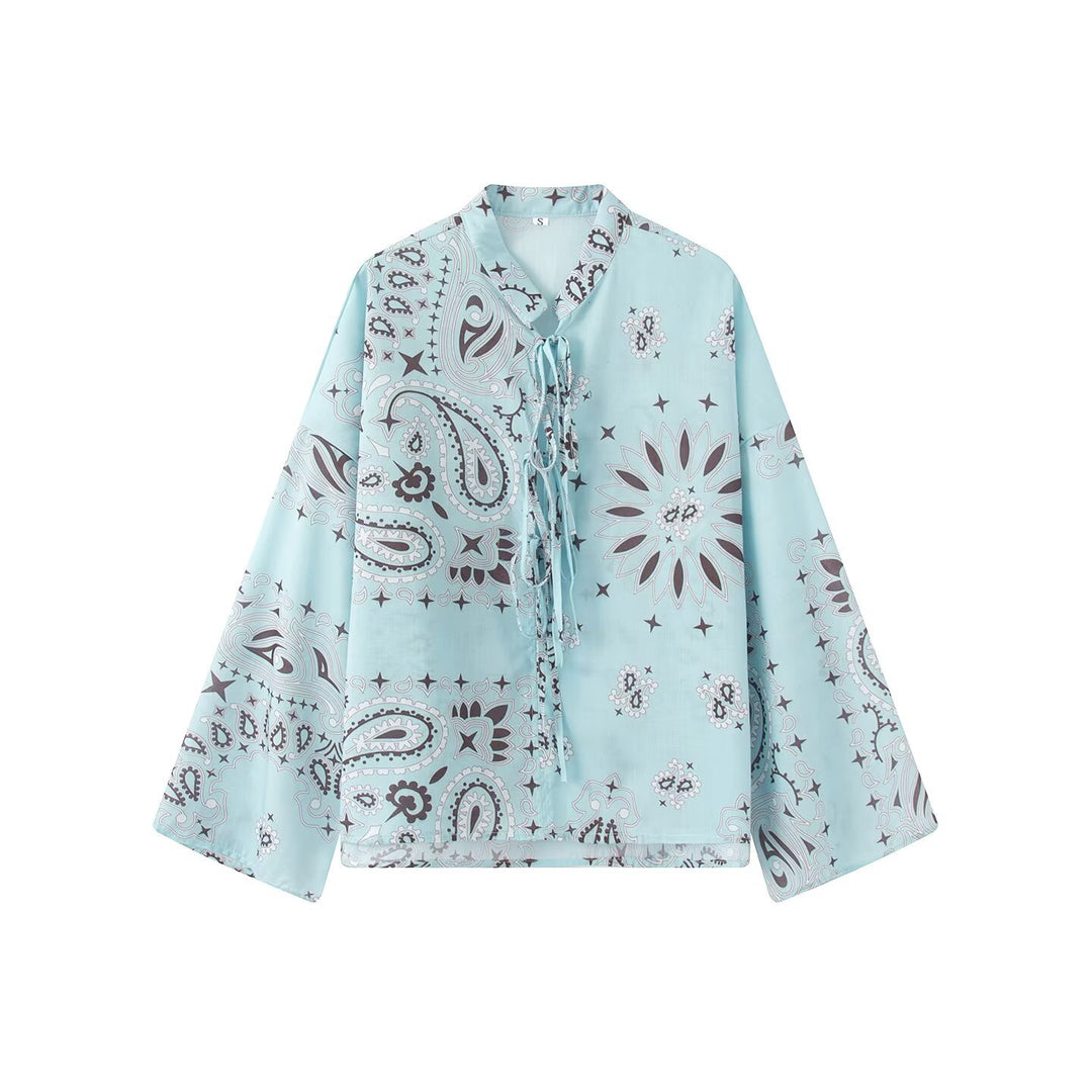 Damen Zweiteiliges Satinoptik-Lounge-Set mit Paisley-Print, Kimonokragen-Bluse und weiter Culotte-Hose Nord Taschen