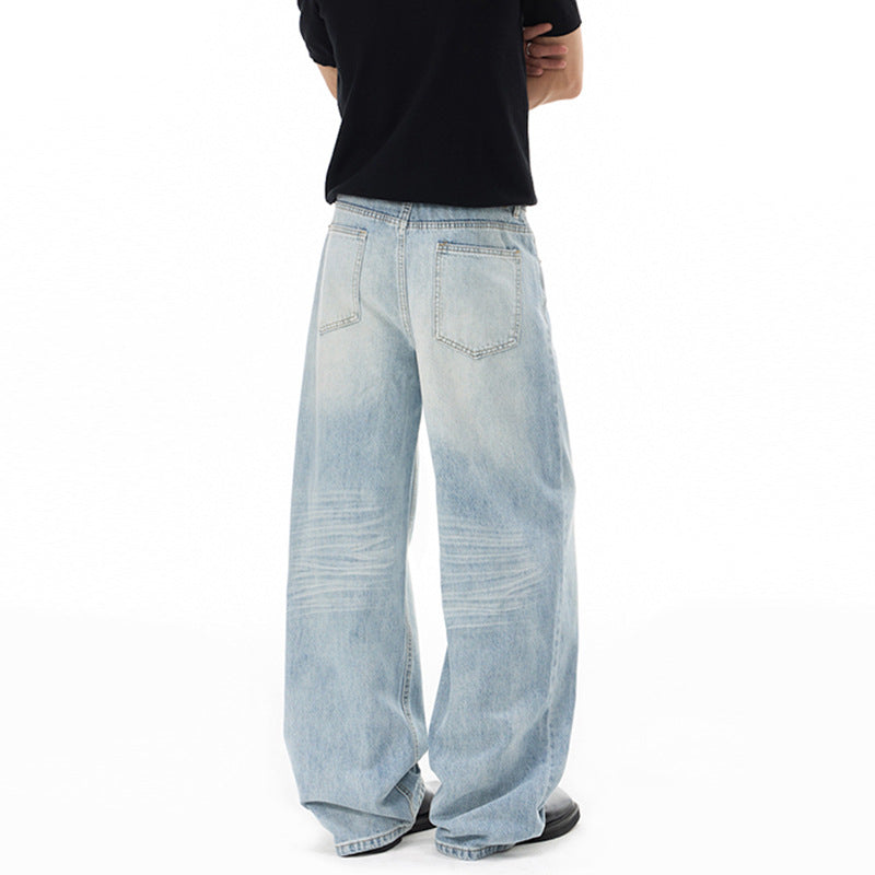 Herren Weitfallende Loose-Palazzo-Denimjeans mit tiefem Schritt und heller Used-Waschung Nord Taschen