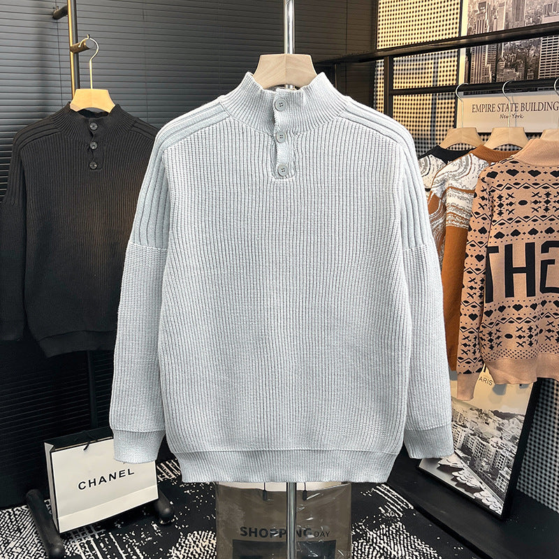 Herren Grobstrick-Pullover mit halber Knopfleiste und hohem Stehkragen Nord Taschen