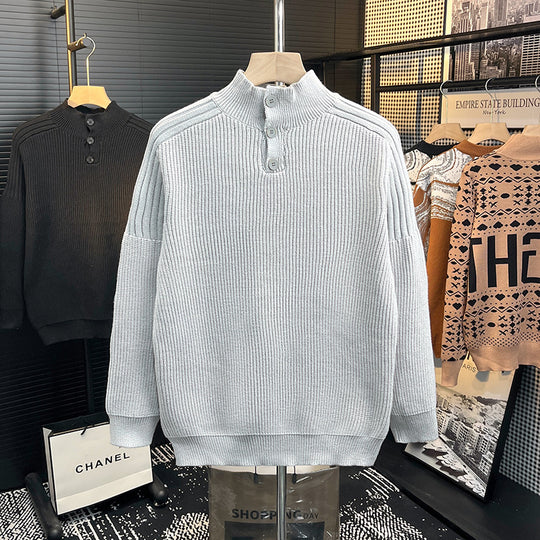 Herren Grobstrick-Pullover mit halber Knopfleiste und hohem Stehkragen Nord Taschen