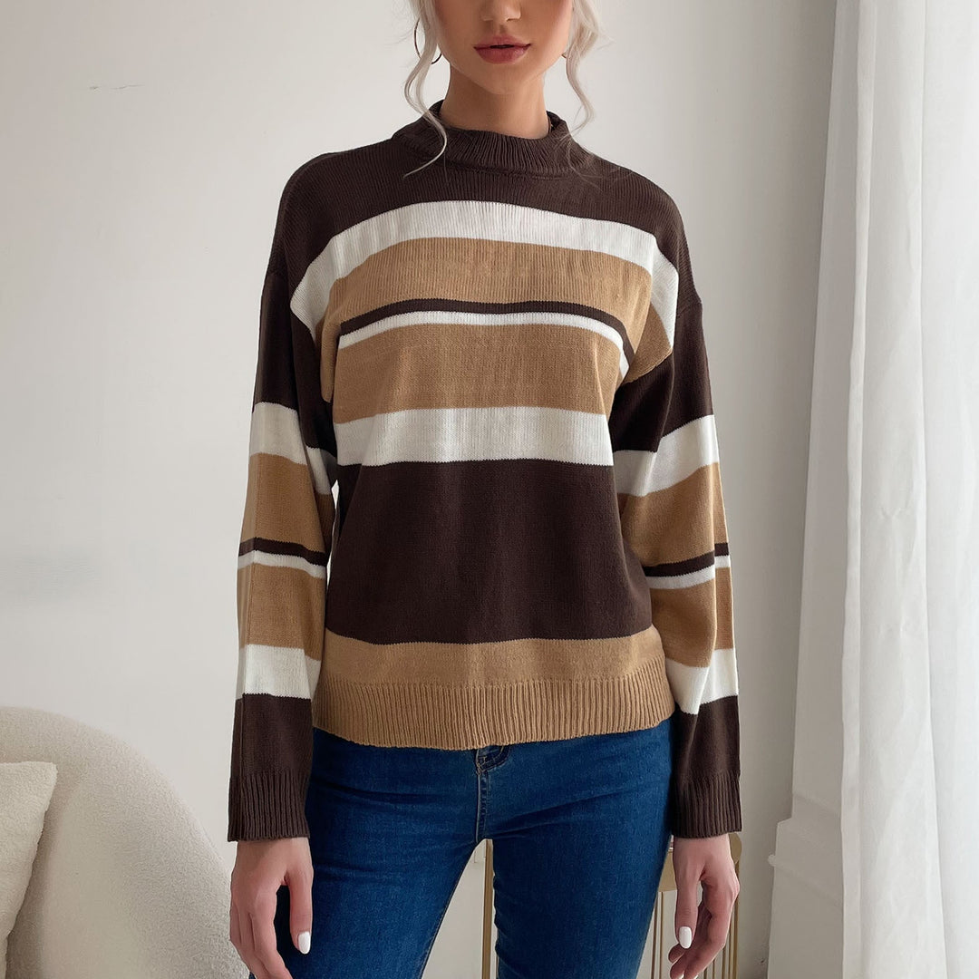 Damen Gestreifter Feinstrick-Pullover mit Stehkragen Nord Taschen