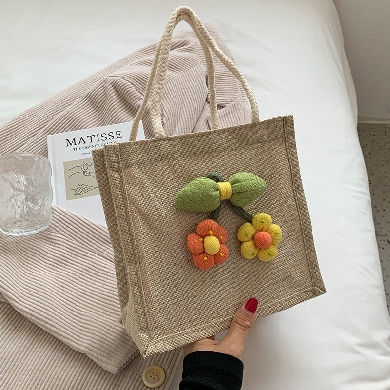 Damen Jute-Tragetasche mit verspieltem Blumenapplikationsdesign Nord Taschen