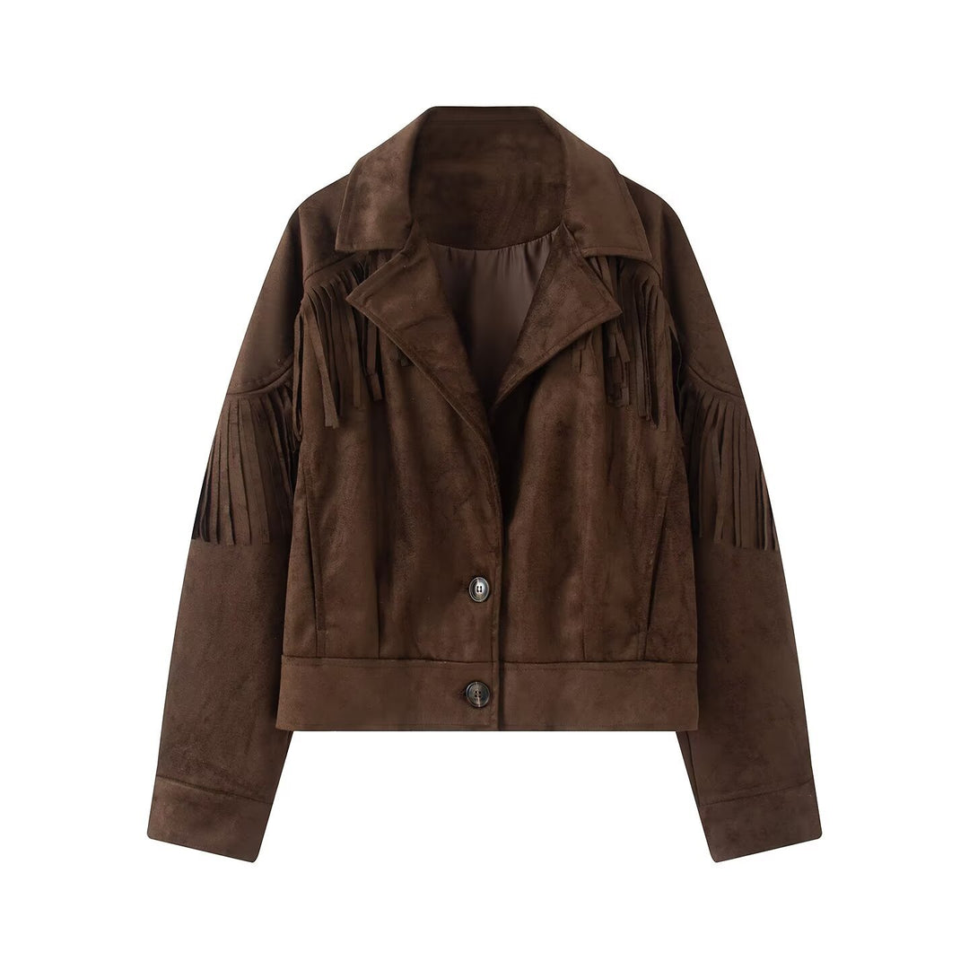 Damen Kurzjacke im Wildleder‑Look mit Fransenbesatz und Hemdkragen Nord Taschen