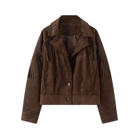 Damen Kurzjacke im Wildleder‑Look mit Fransenbesatz und Hemdkragen Nord Taschen