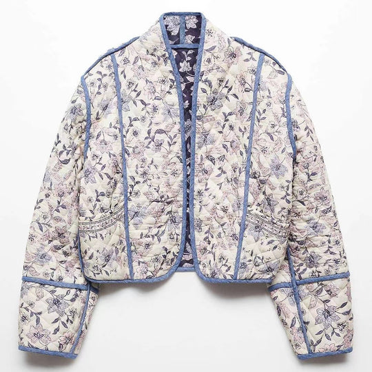 Damen Kurz geschnittene gesteppte Blousonjacke mit floraler Stickerei und Kontrastpaspel Nord Taschen
