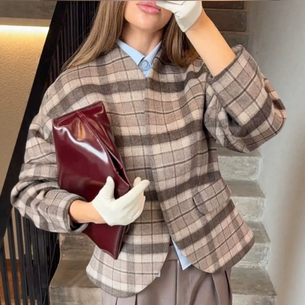 Damen Karierter Boxy‑Blazer mit voluminösen Ballonärmeln Nord Taschen