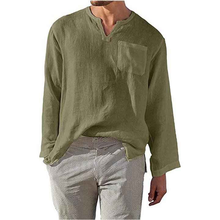 Herren Leinen Langarmshirt mit Henley-Ausschnitt und Brusttasche