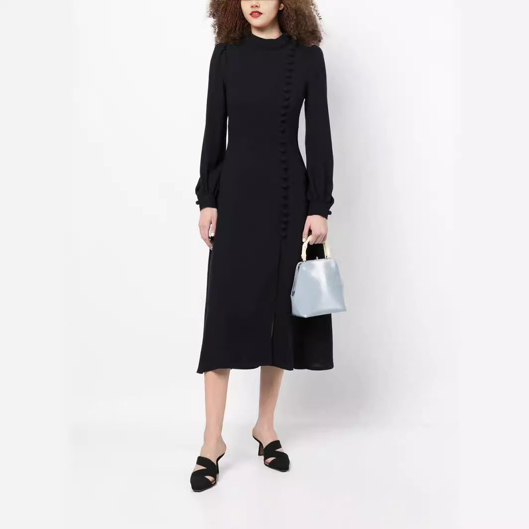Damen Midikleid im Vintage‑Look mit hochgeschlossenem Kragen, asymmetrischer Zierknopfleiste und Frontschlitz Nord Taschen