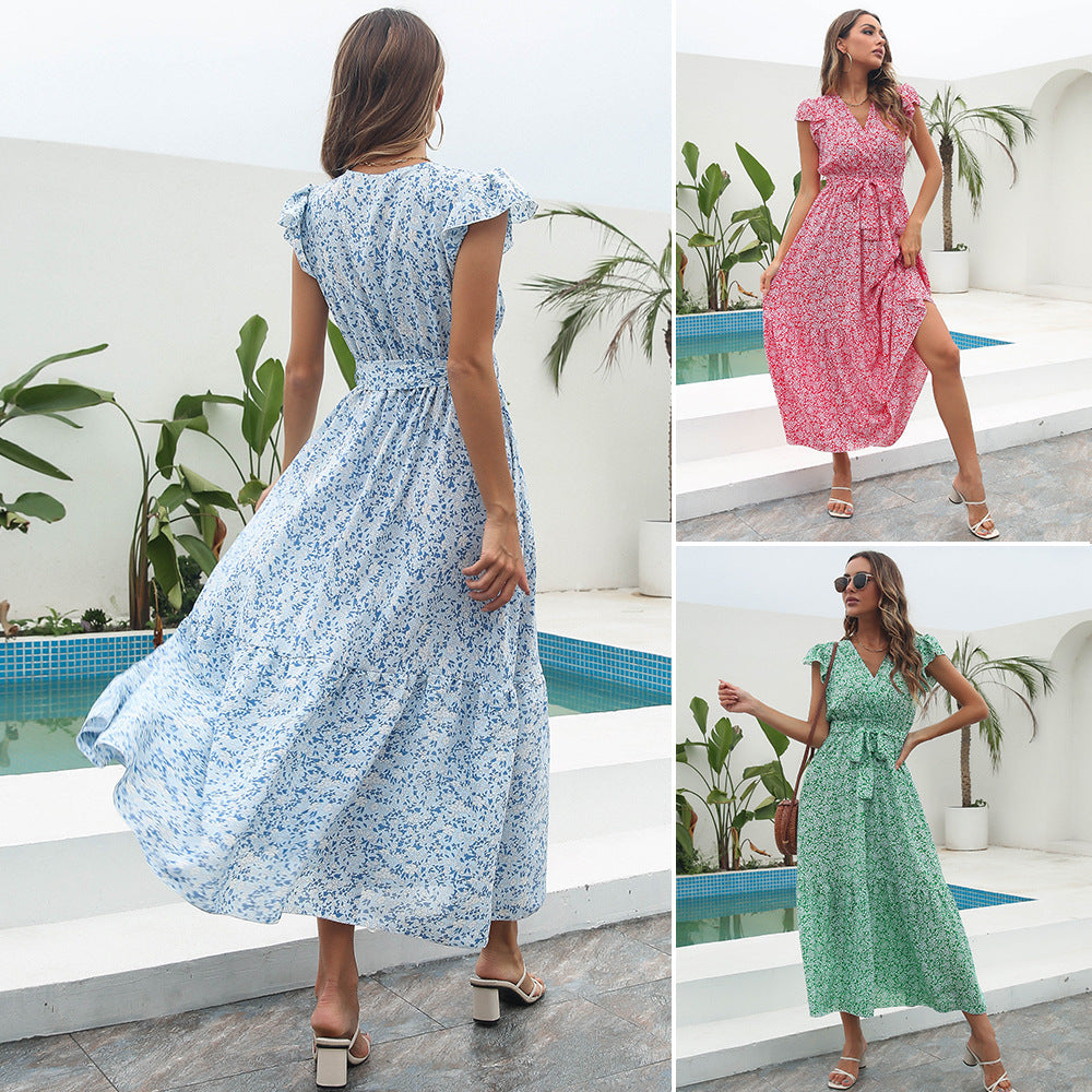 Damen Maxikleid mit floralem Muster und Taillengürtel