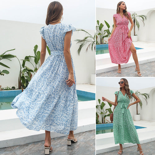 Damen Maxikleid mit floralem Muster und Taillengürtel