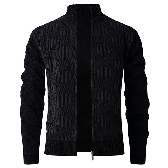 Herren Geometrischer Jacquard-Zipcardigan mit Stehkragen und Reißverschlusstaschen Nord Taschen