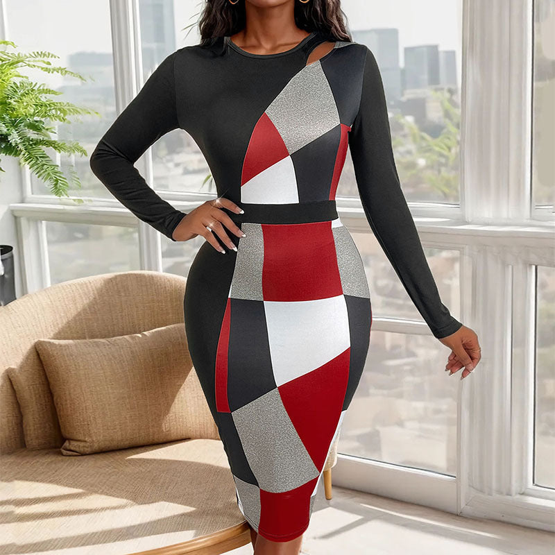 Damen Figurbetontes Midikleid mit grafischem Colorblock-Muster, Cut-Out-Schulter und taillierter Silhouette Nord Taschen